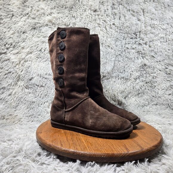 Ugg Australia  Lo Pro Button Fold Over Womens Size 7 Brown Leather Winter Boots - Picture 1 of 9